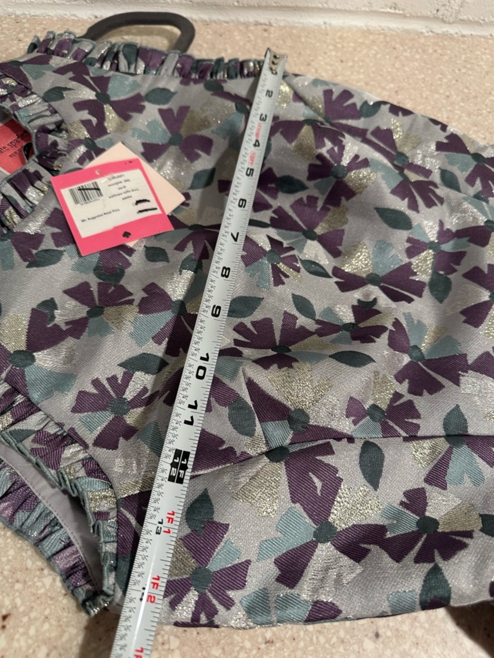 kate spade Moonglow wallflower ruffle Silver Dress Purple Floral Jacquard NWT 00 - Picture 15 of 16
